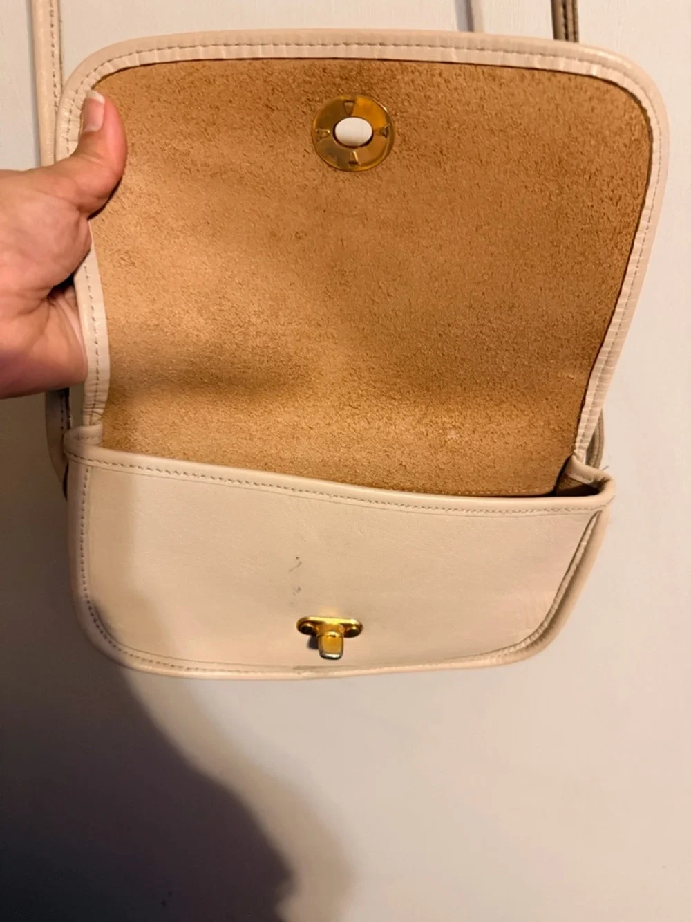 Vintage Cream Leather Crossbody Bag Minimal Flap‎ Neutral Classic Purse
